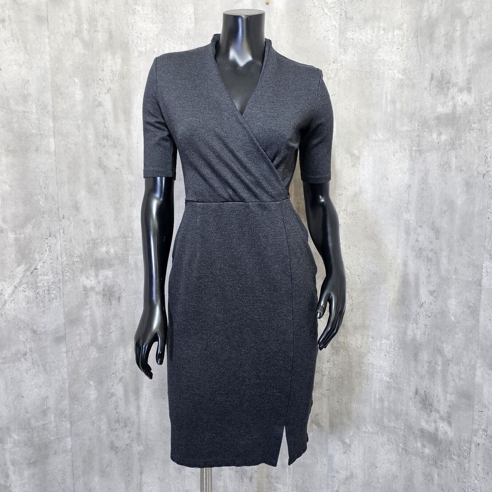 Betabrand Womens S Dark Grey Faux Wrap Sheath Career Casual Dress Knee Length